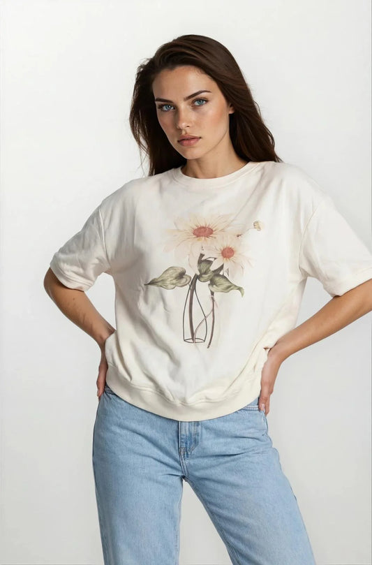 Oversized Mixed Cotton Short Sleeved Flower Print Top