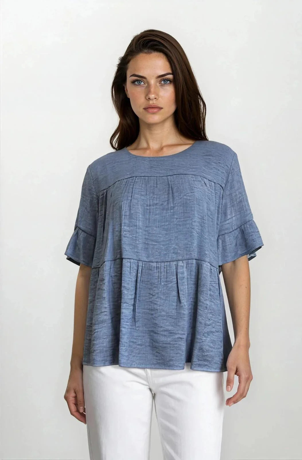 Blue Three Tier Top with Flared Sleeves