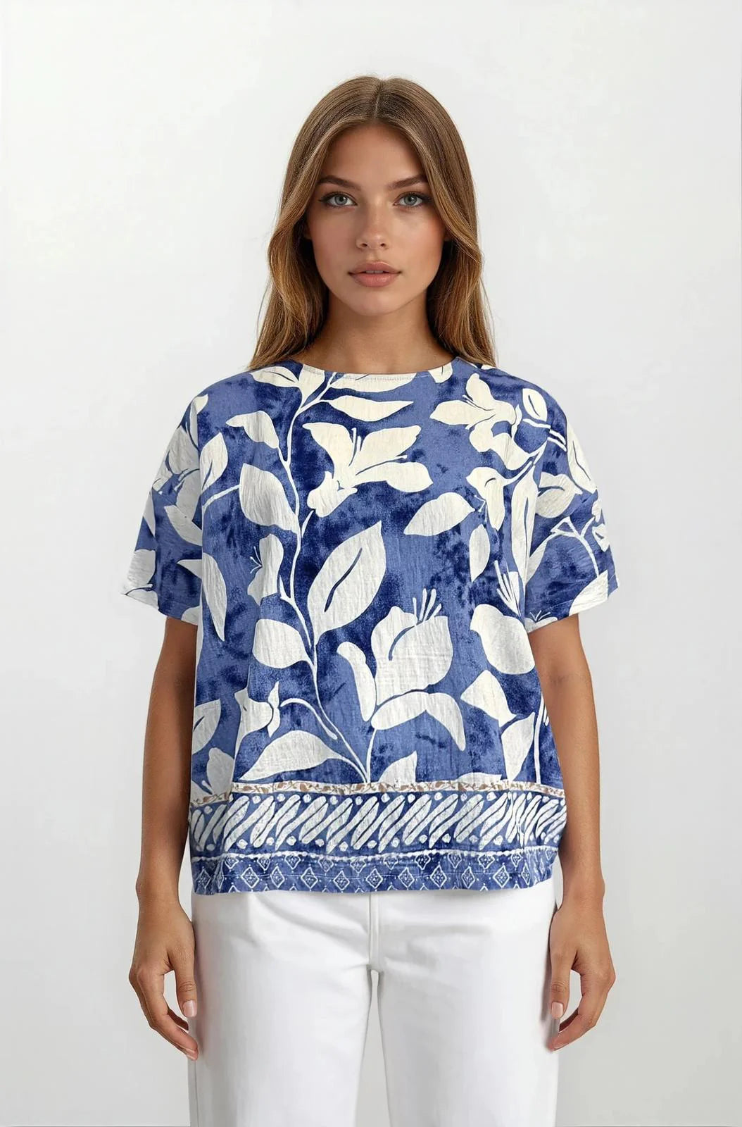 Blue Botanical Print Oversized Top