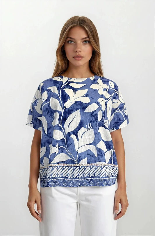 Blue Botanical Print Oversized Top