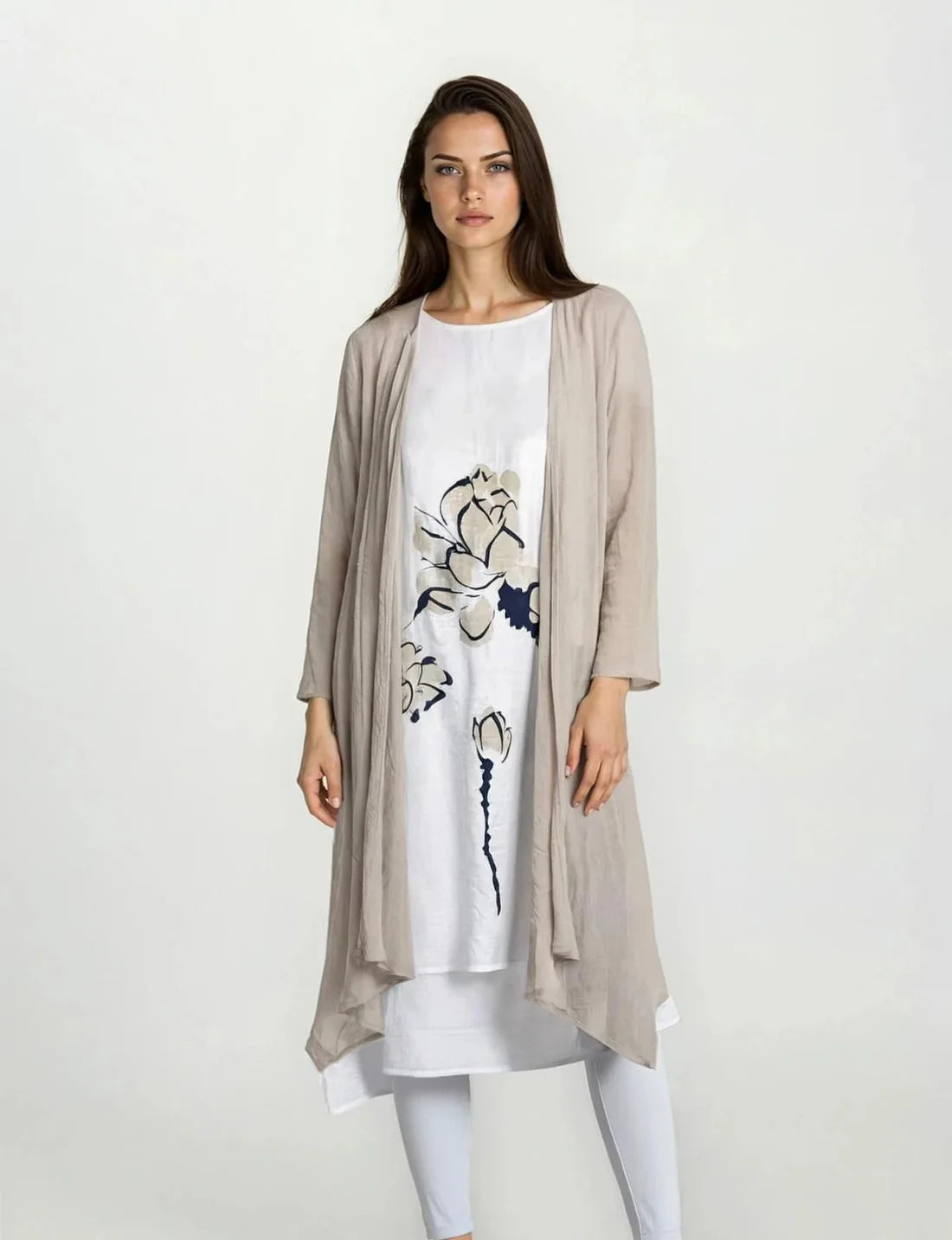 Beige Summer Jacket With Sleeveless Floral Inset Dress