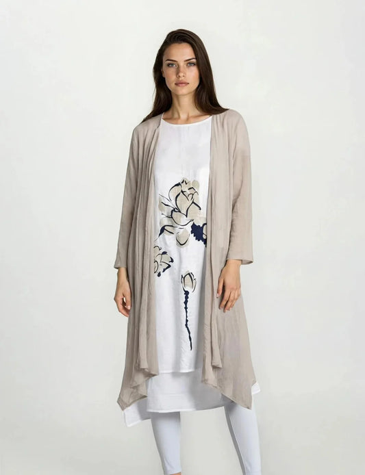 Beige Summer Jacket With Sleeveless Floral Inset Dress