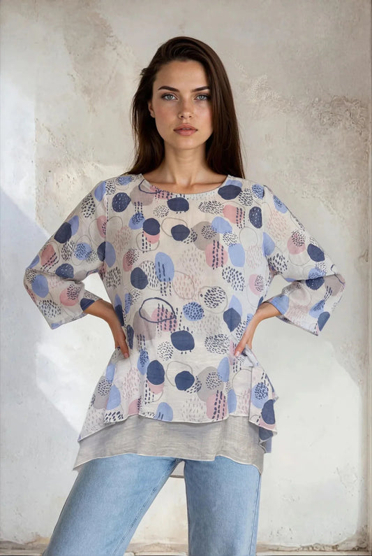Blue Circle Print Double Layered Tunic