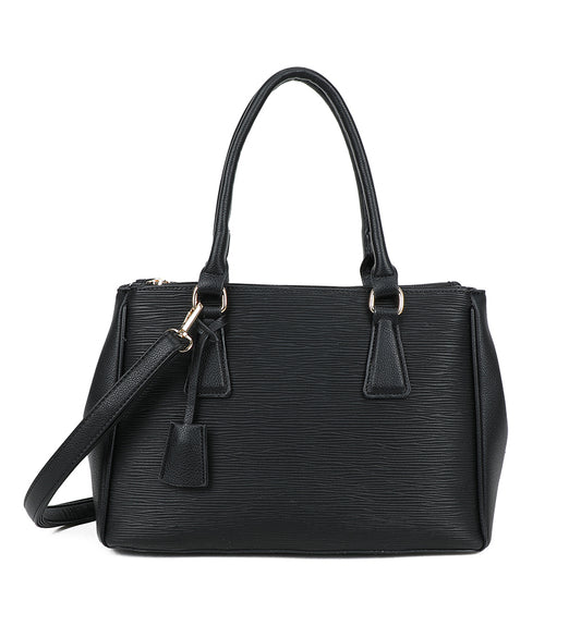 Black Ladies Handbag With Ribbed Detail and Shoulder Strap