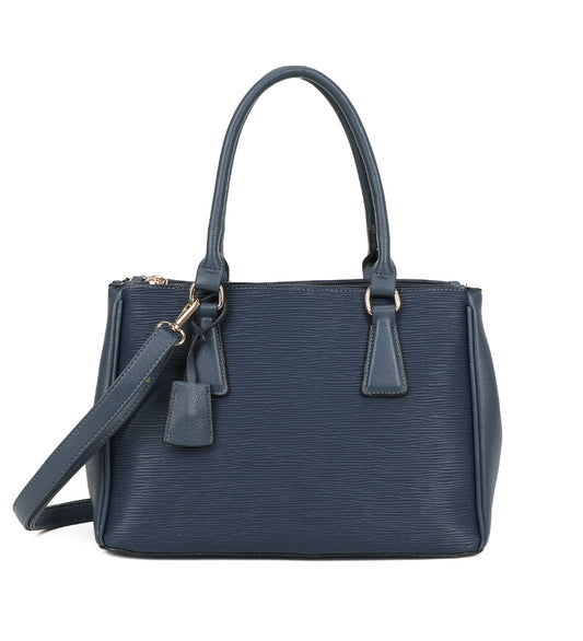 Blue Ladies Handbag With Ribbed Detail and Shoulder Strap