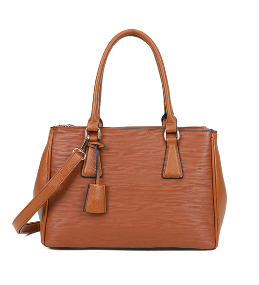 Brown Ladies Handbag With Ribbed Detail and Shoulder Strap