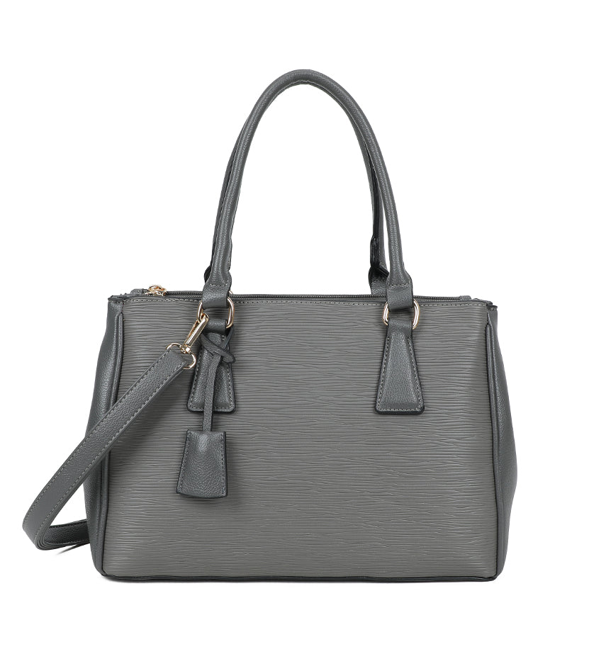 Grey Ladies Handbag With Ribbed Detail and Shoulder Strap