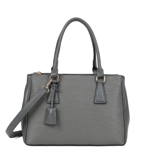 Grey Ladies Handbag With Ribbed Detail and Shoulder Strap