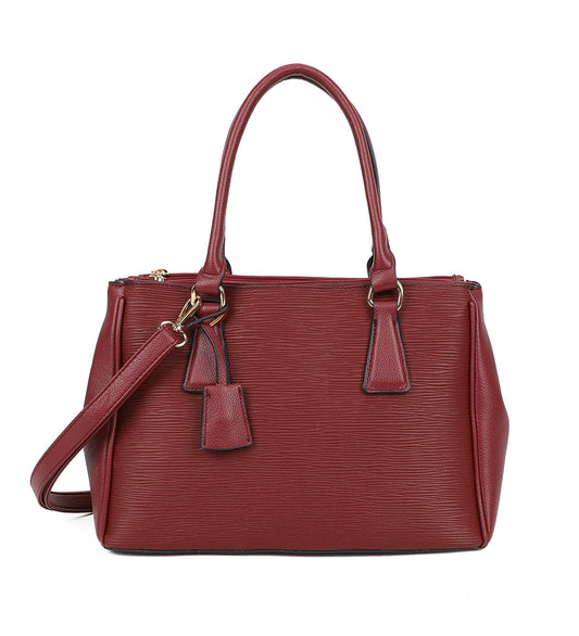 Dark Red Ladies Handbag With Ribbed Detail and Shoulder Strap