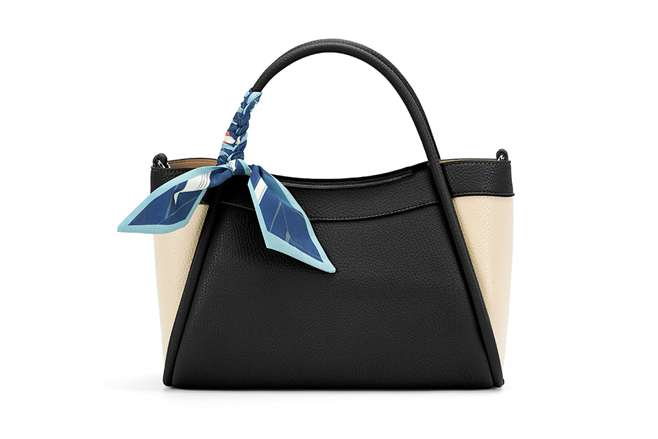Black/Beige Handbag with Scarf Handle