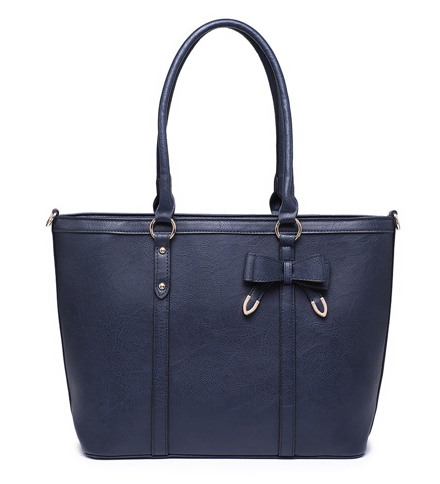Dark Blue Ladies Handbag with Leather Bow Detail