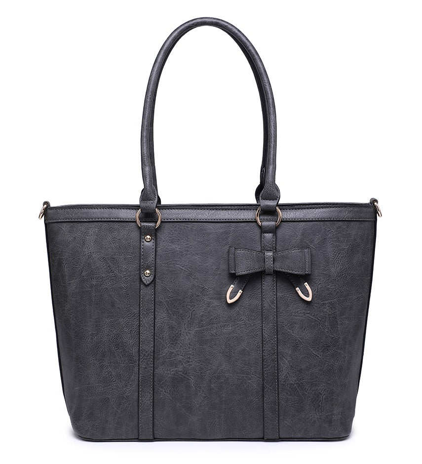 Dark Grey Ladies Handbag with Leather Bow Detail