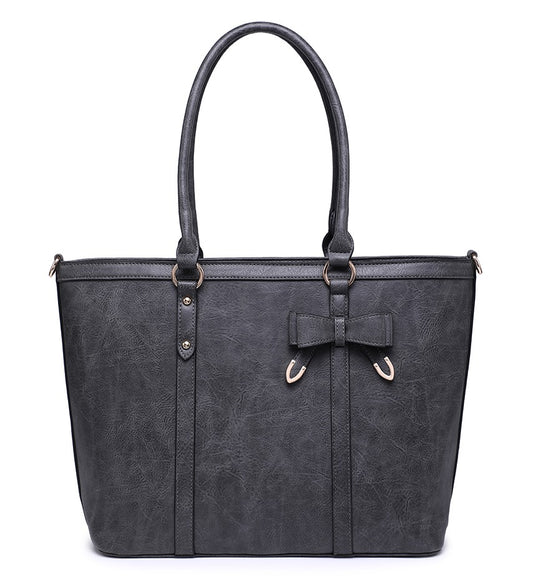 Dark Grey Ladies Handbag with Leather Bow Detail