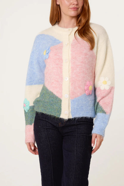Cream Colour Block Flower Cardigan