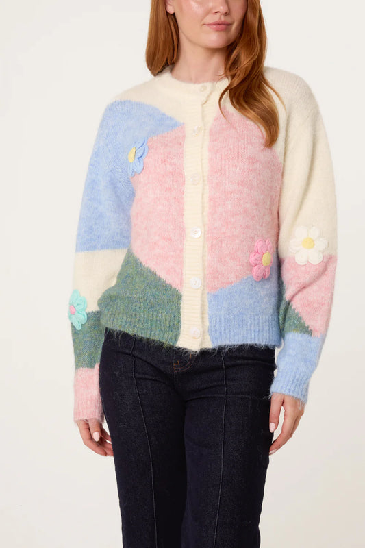 Cream Colour Block Flower Cardigan