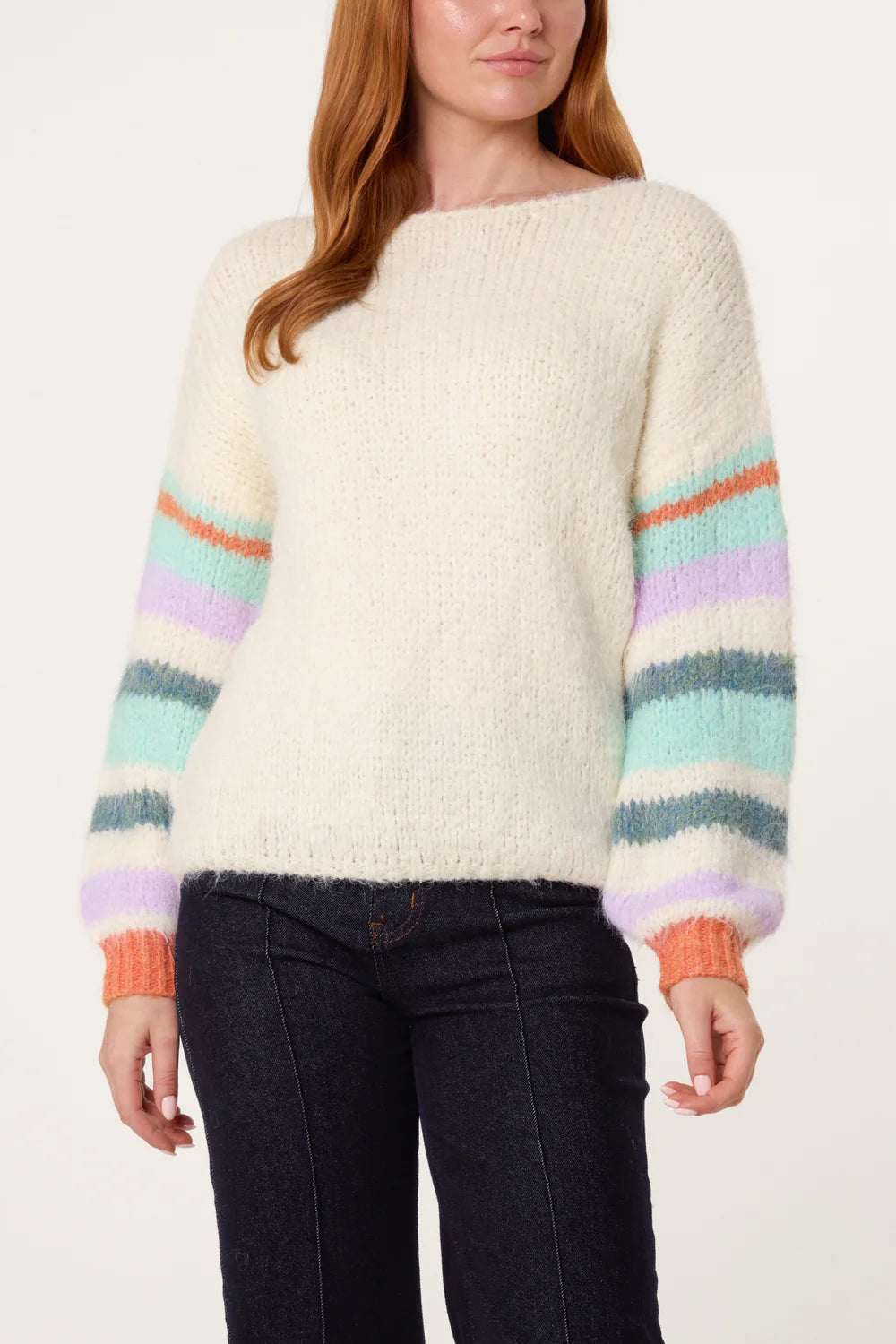 Aqua Striped Sleeve Fluffy Jumper