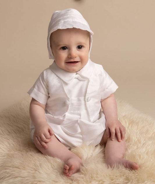 Boys White Arlo Christening Romper with Hat