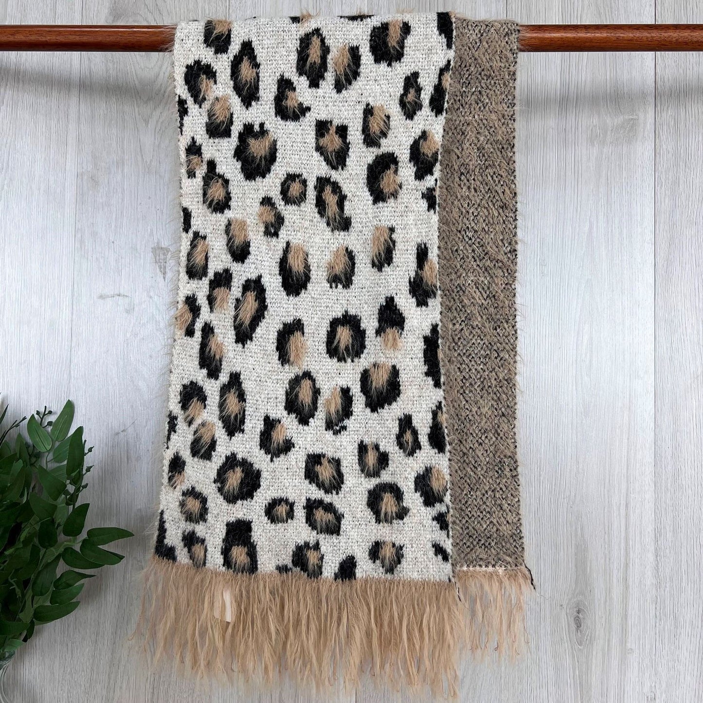 Beige Chunky Winter Scarf With Fluffy Design and Large Fringe