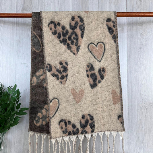 Beige Chunky Winter Scarf With Leopard Print Heart Design