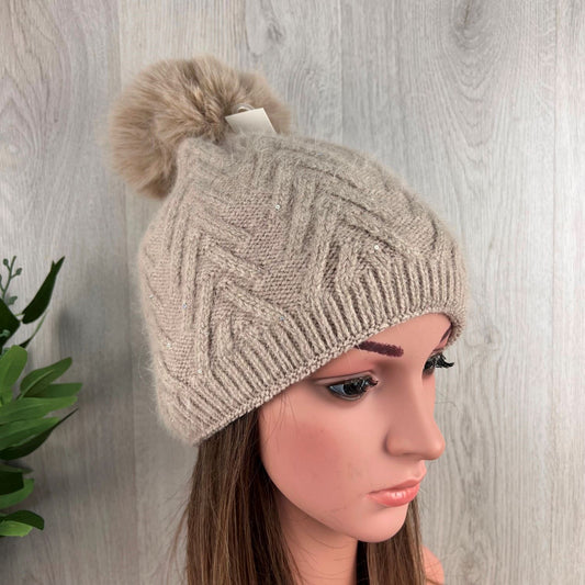 Beige Pom-Pom Knitted Neutral Hat With Glitter Fleck