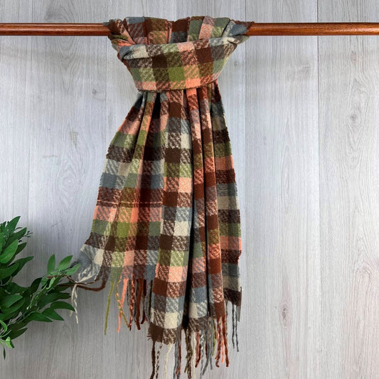 Beige Wooly Feel Winter Checked Scarf With Fringe