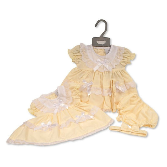 BABY LEMON DRESS WITH LACE AND BOWS, PANTS AND HAIRBAND