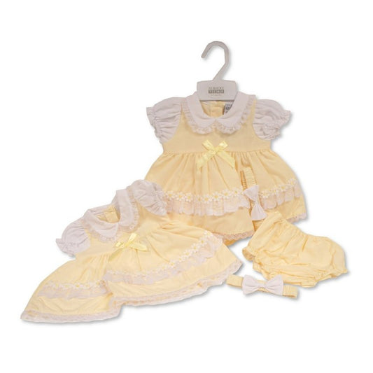 BABY LEMON DRESS WITH LACE AND BOWS - DAISIES . PANTS AND HAIRBAND