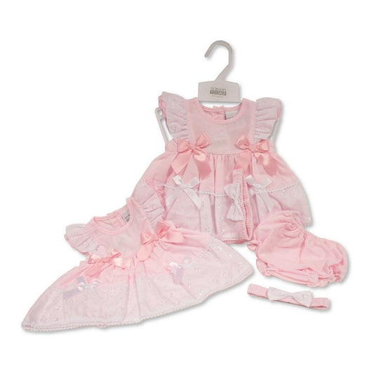 BABY PINK  DRESS WITH BOWS, PANTS AND HAIRBAND