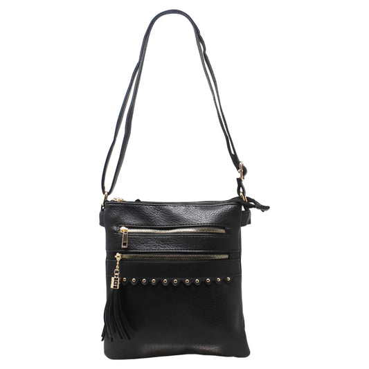 Multi zip crossbody with stud button BLACK 6673