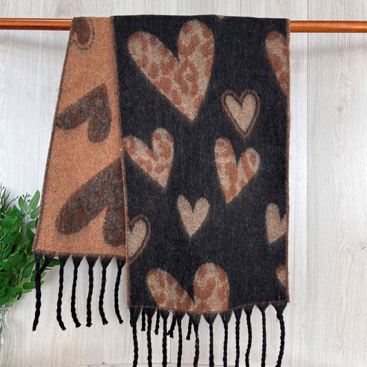 Black Chunky Winter Scarf With Leopard Print Heart Design