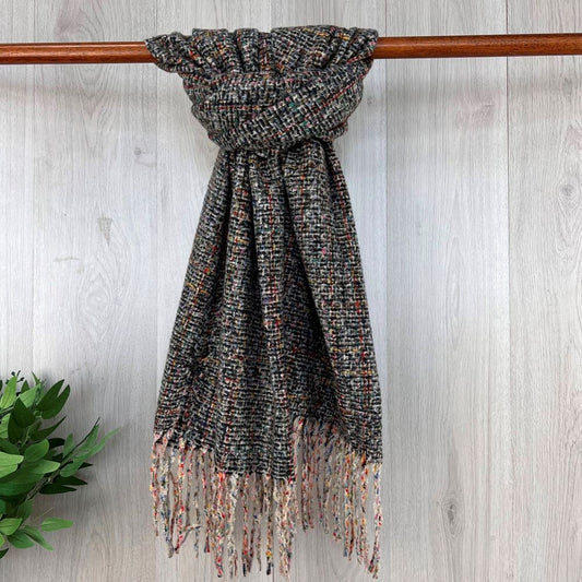 Black Chunky Winter Fleck Pattern Fringed Scarf