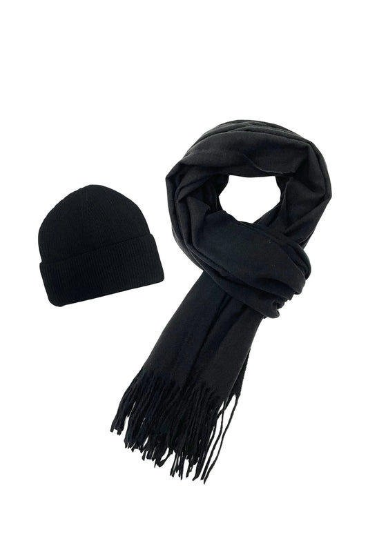 Black Cosy Plain Tassel Scarf and Hat 7884