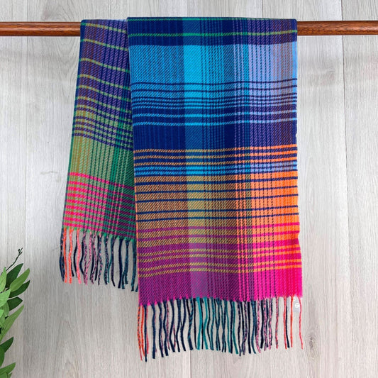 Blue Checked Fine Winter Scarf With Fringe