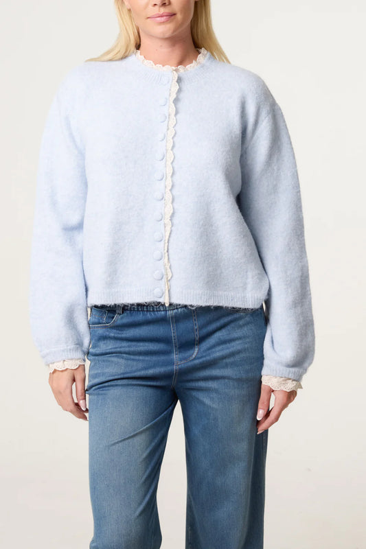 Blue Broderie Anglaise Trim Knit Cardigan