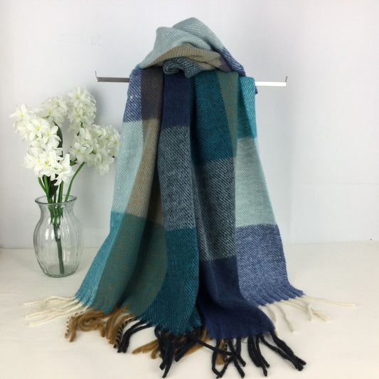 Blue Chunky Winter Checked Scarf With Coloured Square Pattern