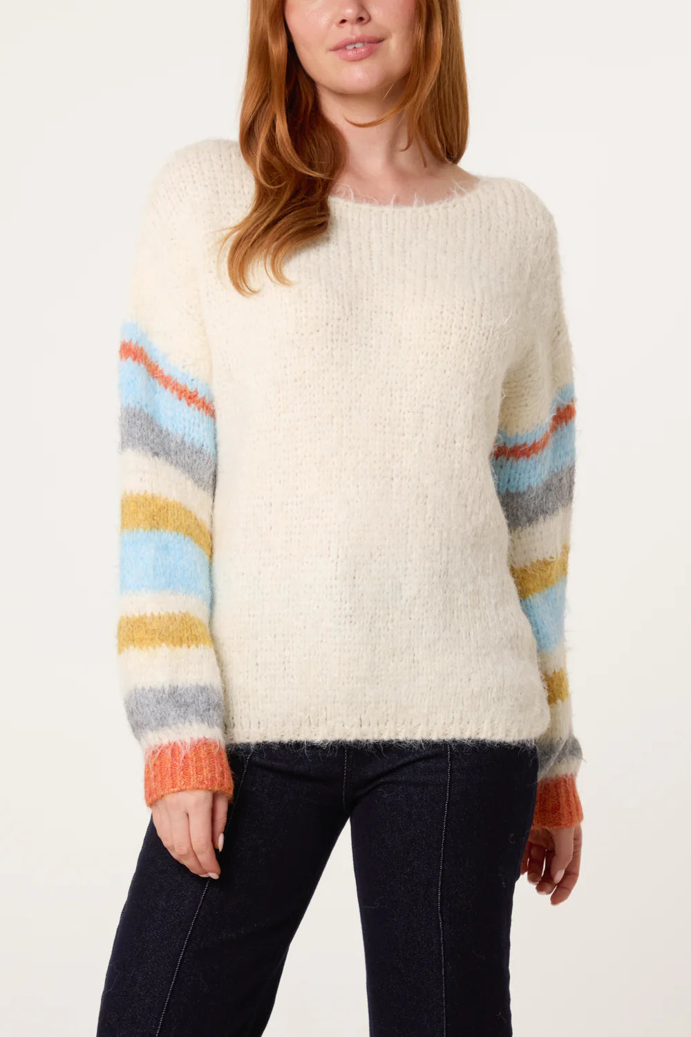 Blue Striped Sleeve Fluffy Jumper