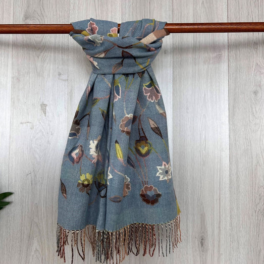 Blue Fine Winter Scarf With Floral Design and Fringe