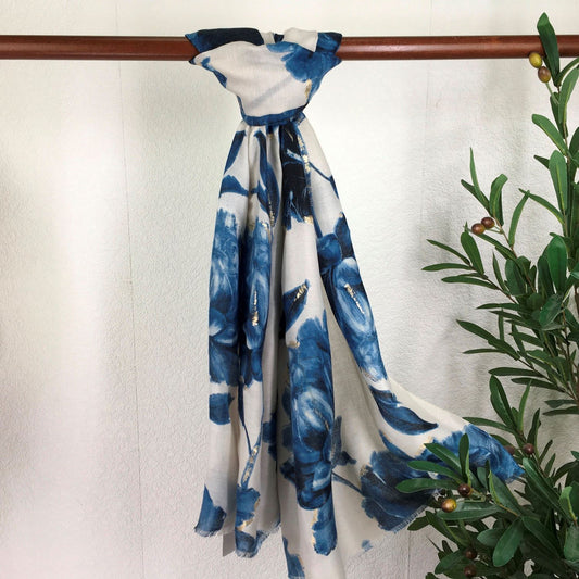 Blue Lightweight Winter Scarf With Large Flower Design