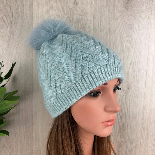 Blue Pom-Pom Knitted Neutral Hat With Glitter Fleck