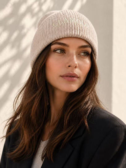 Beanie with Embroidered “Glamour” Taupe