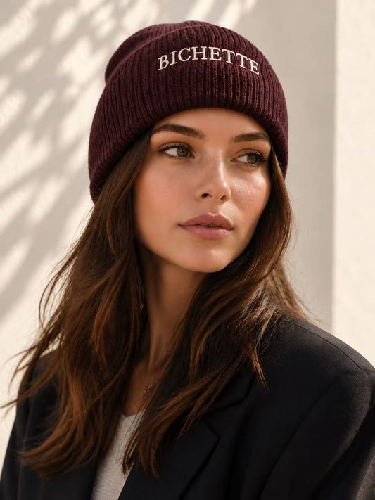 Beanie with Embroidered “Bichette” Dark Maroon