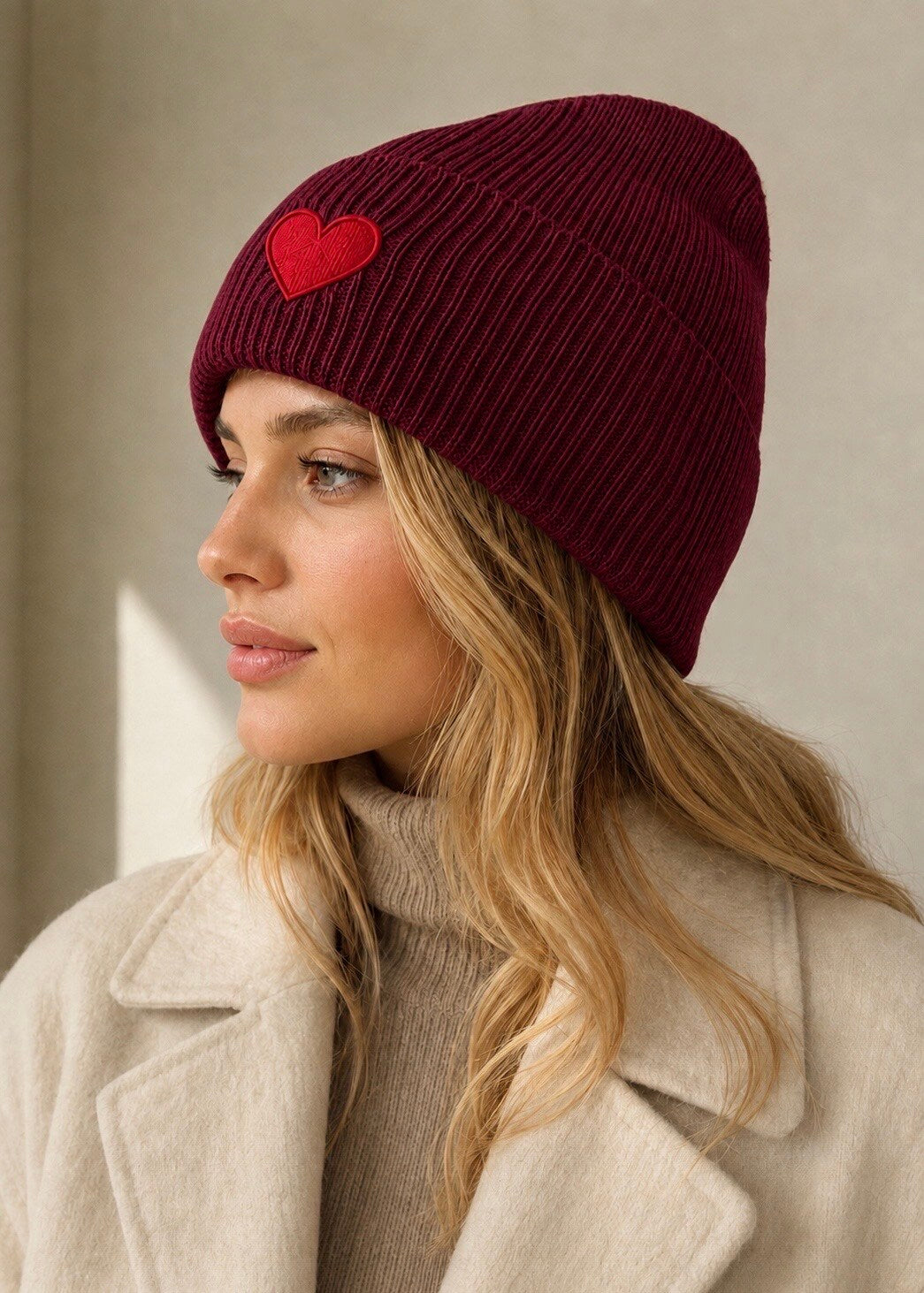 Beanie with Embroidered Red Heart Burgundy