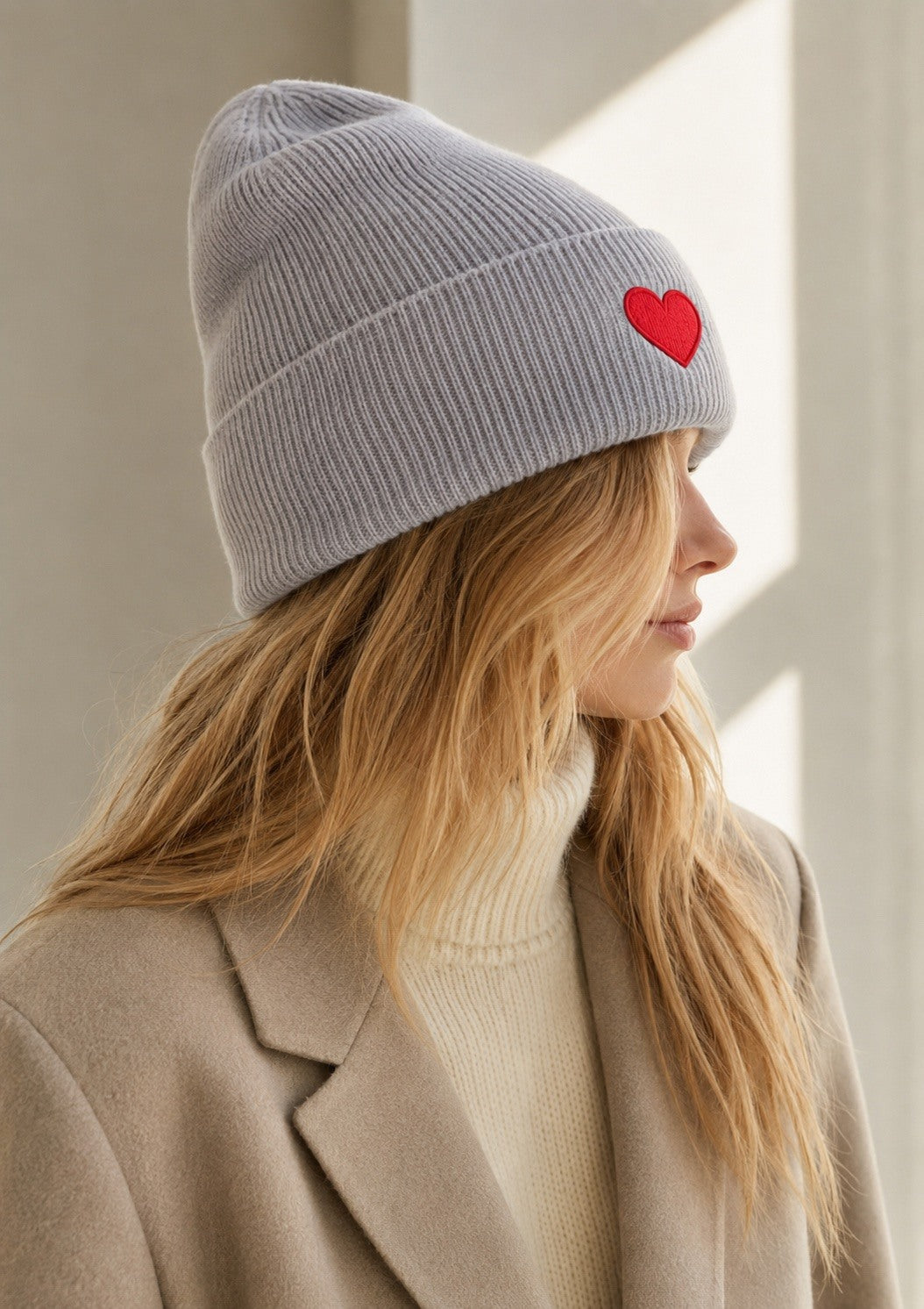 Beanie with Embroidered Red Heart Grey