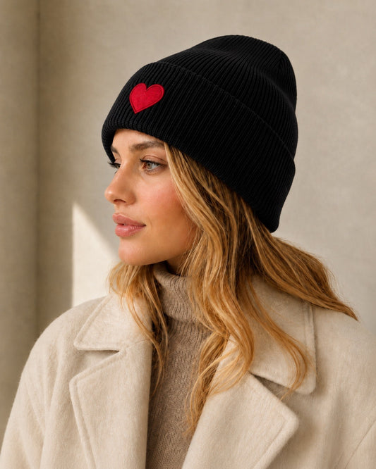 Beanie with Embroidered Red Heart Black