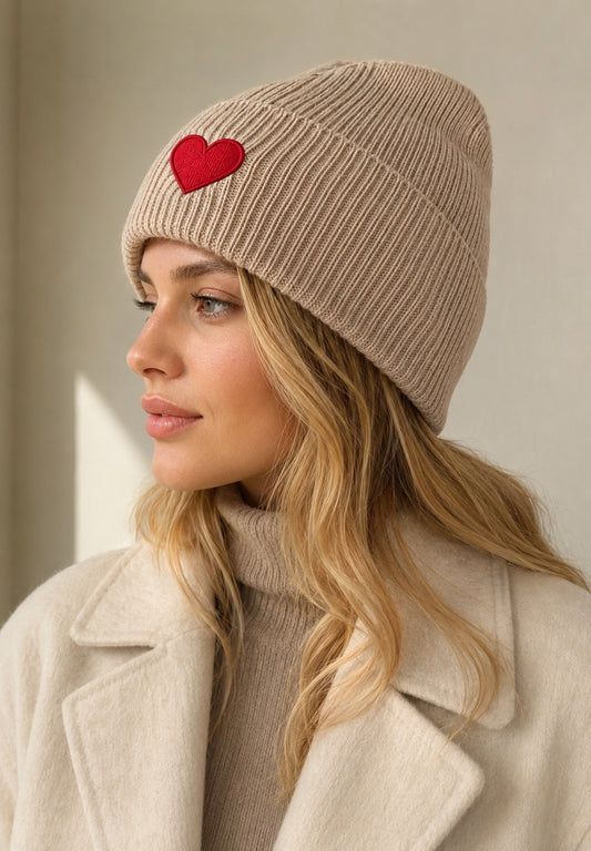 Beanie with Embroidered Red Heart Taupe