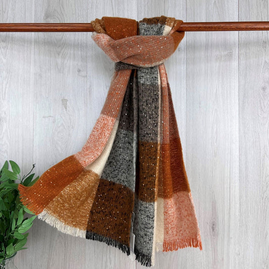 Brown Chunky Winter Checked Scarf With Sequenced Fleck