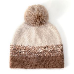 Sequin Pompom Hat Brown sd0061