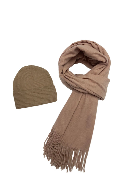 Beige Cosy Plain Tassel Scarf and Hat 7884