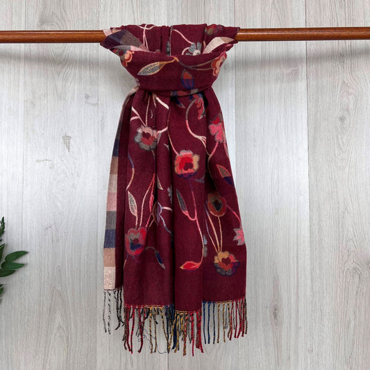 Burgundy Fine Winter Scarf With Floral Design and Fringe