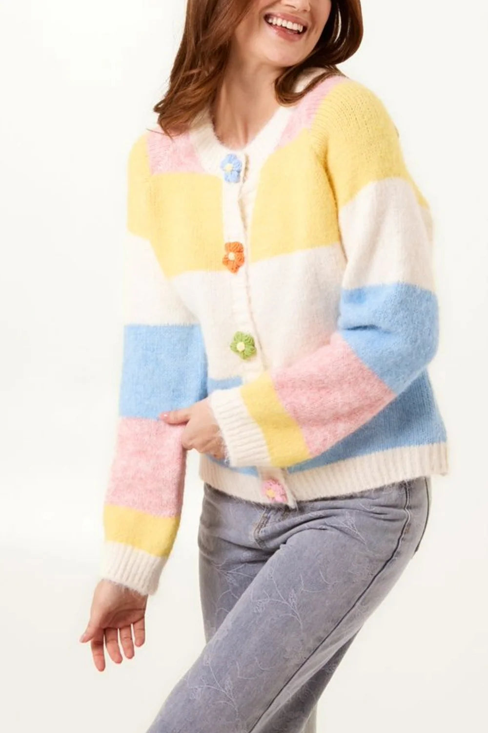 Flower Button Colour Block Cardigan